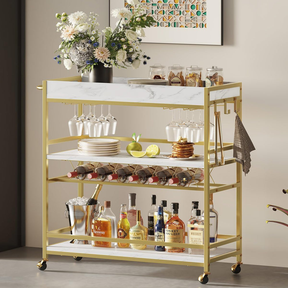 BON AUGURE Gold Bar Cart on Wheels for Home with Wine Rack & Glass Holder...