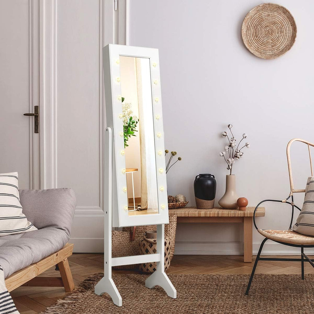 Giantex Standing Jewelry Armoire with 18 LED Lights Around the Door, Large Storage Mirrored Jewelry Cabinet with Full Length Mirror, 16 Lipstick Holders, 1 Inside Makeup Mirror (White)