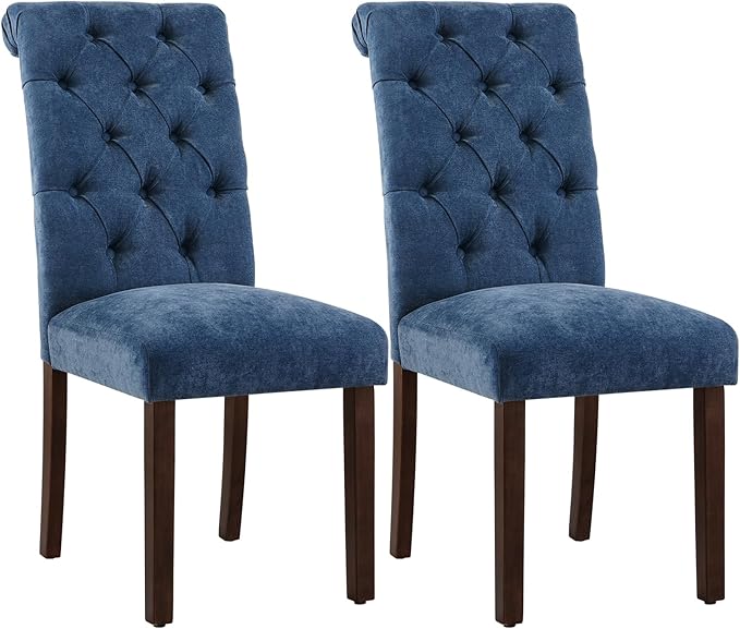 Tufted Dining Chairs Set of 2, Upholstered Parsons Dining Room Chairs, Fabric Kitchen Side Chair with Wood Legs, Blue