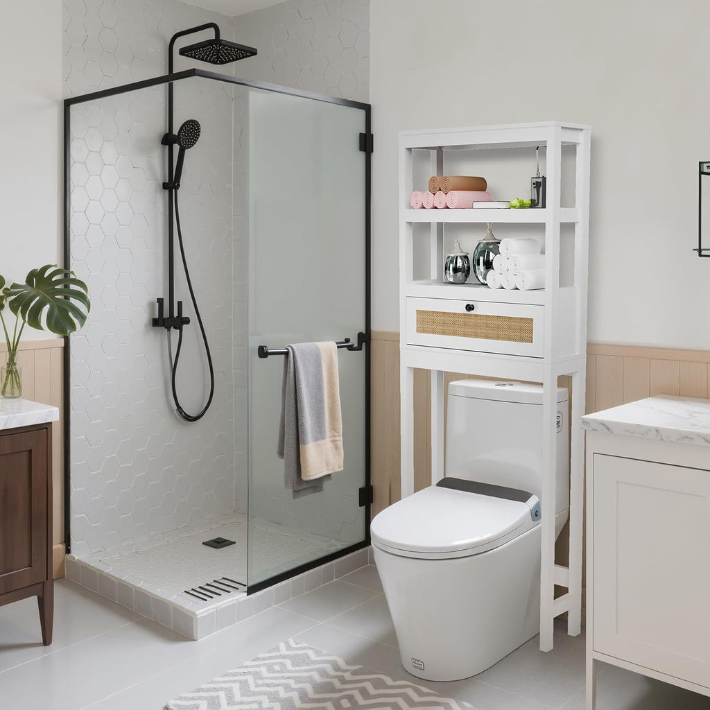 Over The Toilet Storage Cabinet, Behind Toilet Bathroom Organizer with Adjustable Shelves, Above Toilet Organizers with Rattan Door, Space Saver for Restroom, Bathroom, Laundry
