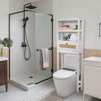 Over The Toilet Storage Cabinet, Behind Toilet Bathroom Organizer with Adjustable Shelves, Above Toilet Organizers with Rattan Door, Space Saver for Restroom, Bathroom, Laundry