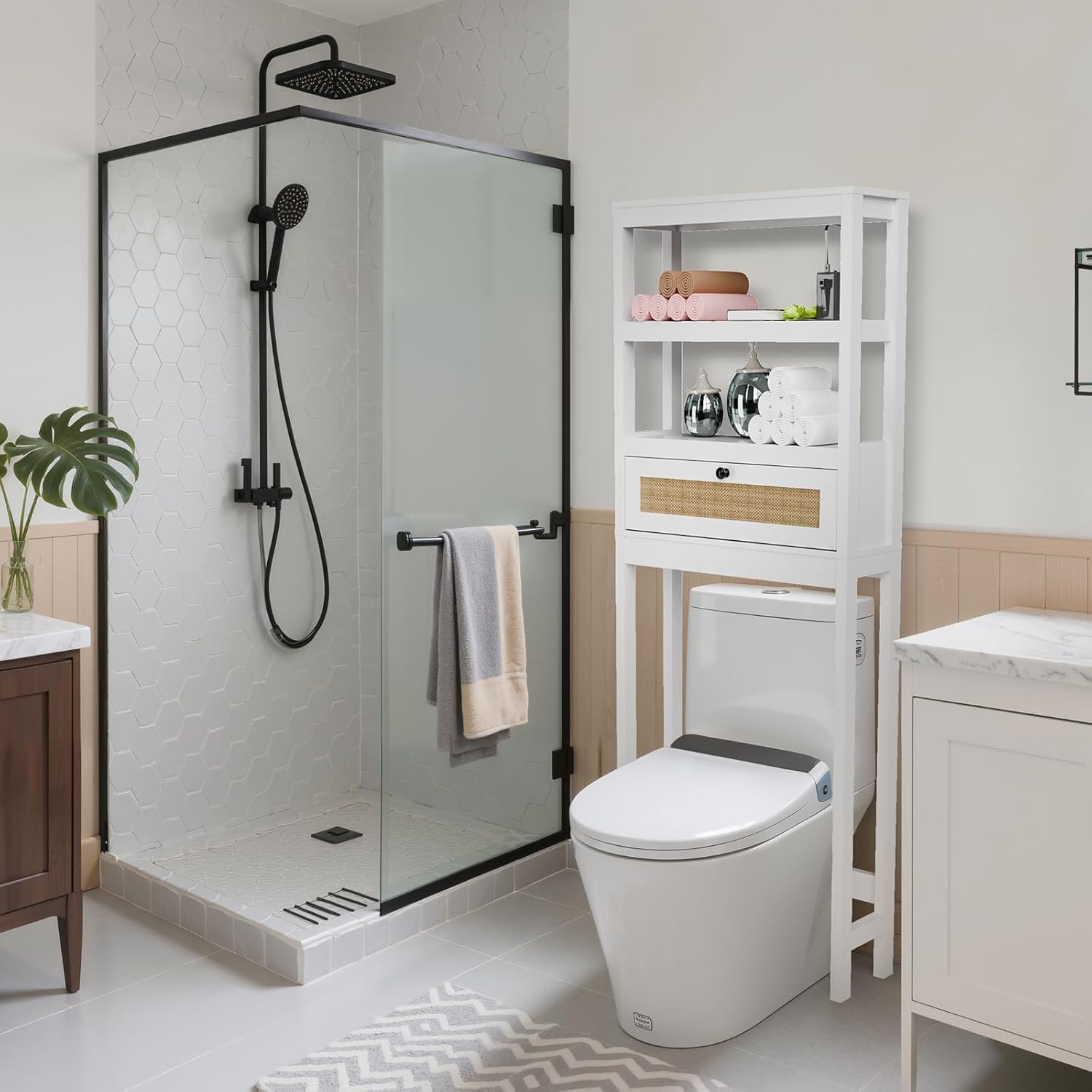 Over The Toilet Storage Cabinet, Behind Toilet Bathroom Organizer with Adjustable Shelves, Above Toilet Organizers with Rattan Door, Space Saver for Restroom, Bathroom, Laundry