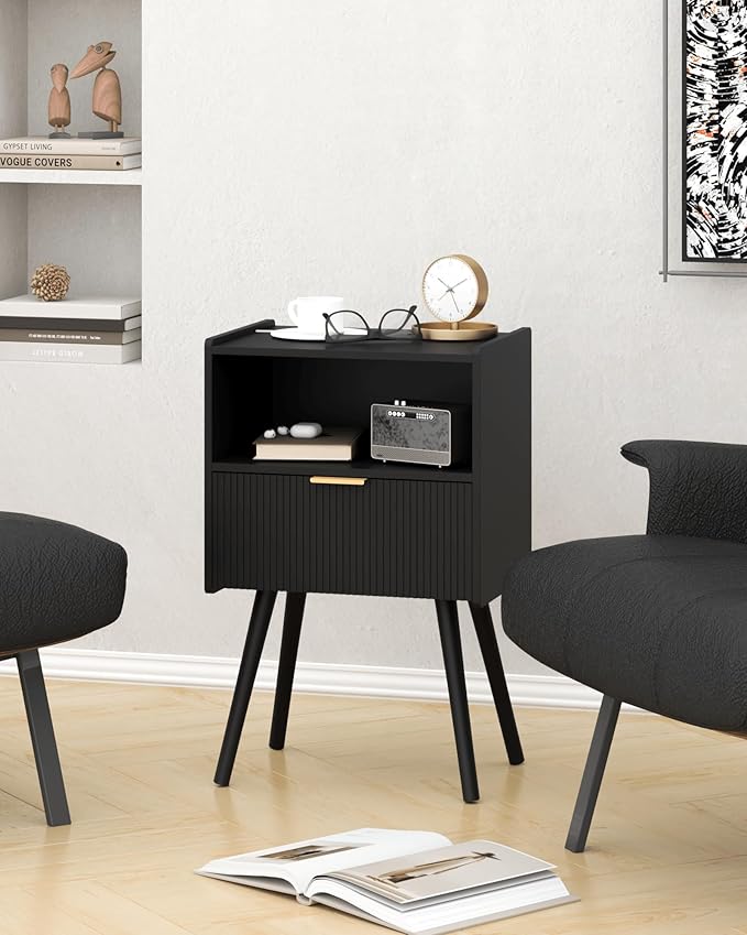 Black Nightstand,Modern Bedside Table with Storage Drawer and Open Wood Shelf...
