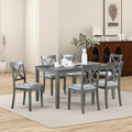 7-Piece Dining Table Set for 6, Wooden Kitchen Set with Rectangular Grey Table, 6 Upholstered X-Back Chairs, Modern Living Room Dinner Set with Ergonomic Comfort Seating for Home, Grey