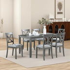 7-Piece Dining Table Set for 6, Wooden Kitchen Set with Rectangular Grey Table, 6 Upholstered X-Back Chairs, Modern Living Room Dinner Set with Ergonomic Comfort Seating for Home, Grey