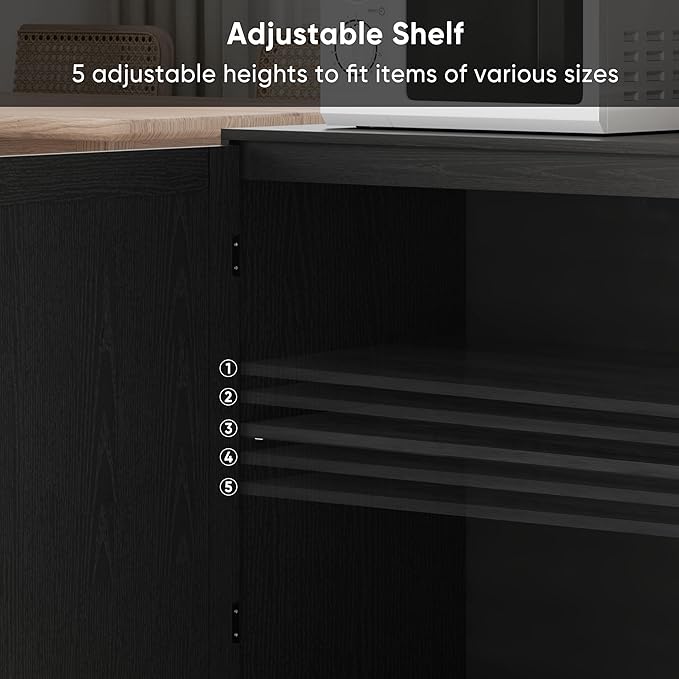 Smuxee Black Sideboard, Freestanding Buffet Cabinet with 2 PVC Rattan Doors, Storage Cabinet with Adjustable Shelf for Living Room, Entryway, Hallway