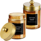Amolliar Bronze Glass Apothecary Jar With Metal Lid & Stickers, Bathroom Qtip Dispenser Storage Canister, Perfect for Cotton Balls, Cotton Swabs, Makeup Pads, Bath Salt, Floss, 2 Pack(Gold)