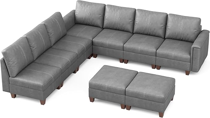 SITJOY 118" Faux Leather Modular Sectional Sofa with Storage, Mid Century Modern Sectional Couches for Living Room, Soft Padded Armrests, 9 Seat L Shaped Couch with Ottoman, Gray