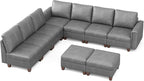 SITJOY 118" Faux Leather Modular Sectional Sofa with Storage, Mid Century Modern Sectional Couches for Living Room, Soft Padded Armrests, 9 Seat L Shaped Couch with Ottoman, Gray