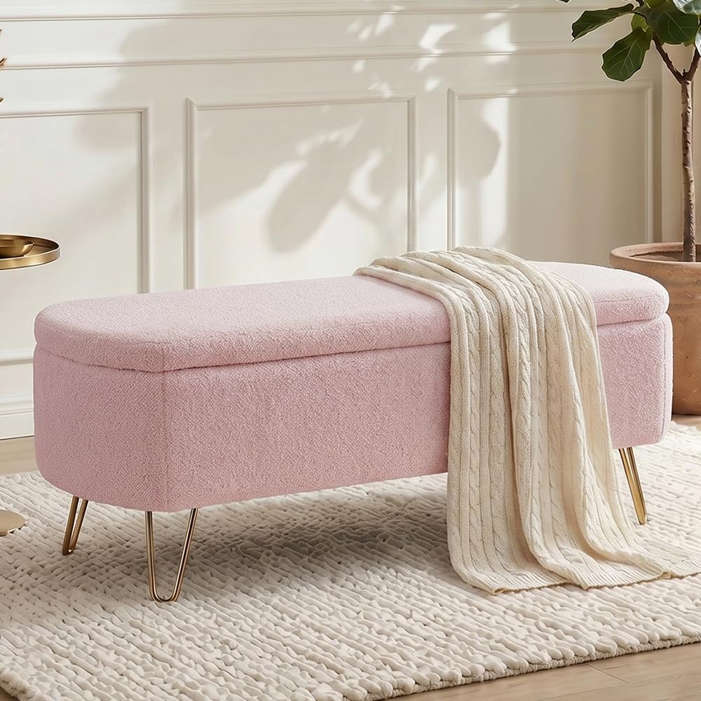 Modern Storage Ottoman Bench, Teddy Upholstered Entryway Bench with Gold Legs...