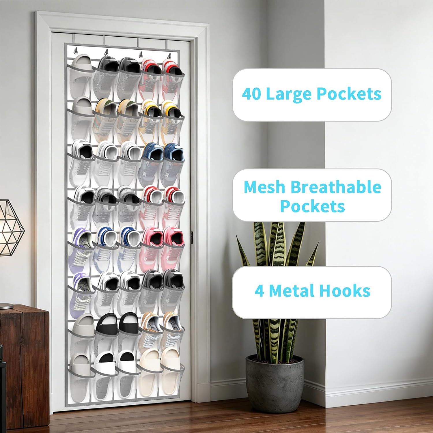 SAVERHO 40 Large Pockets Over the Door Shoe Organizer,Space-Saving Mesh Hanging Shoe Rack for Door Shoe Holder, Large Size 76.4" x 27.5" Ideal for Closet & Door Storage (White, 40 Pockets)