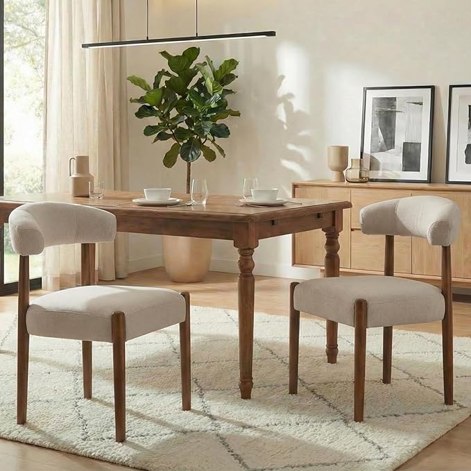 VKNOW Wooden Dining Chairs Set of 2, Modern Upholstered Dining Room Chairs with Walnut Wood Legs and Curved Backrest, Fabric Kitchen Chairs for Farmhouse/Living Room/Dining Room, Beige