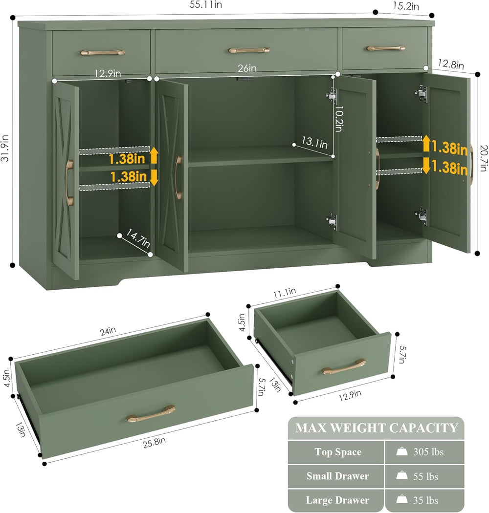 HOSTACK Buffet Sideboard Cabinet with Drawers, 55" Large Buffet Storage ...