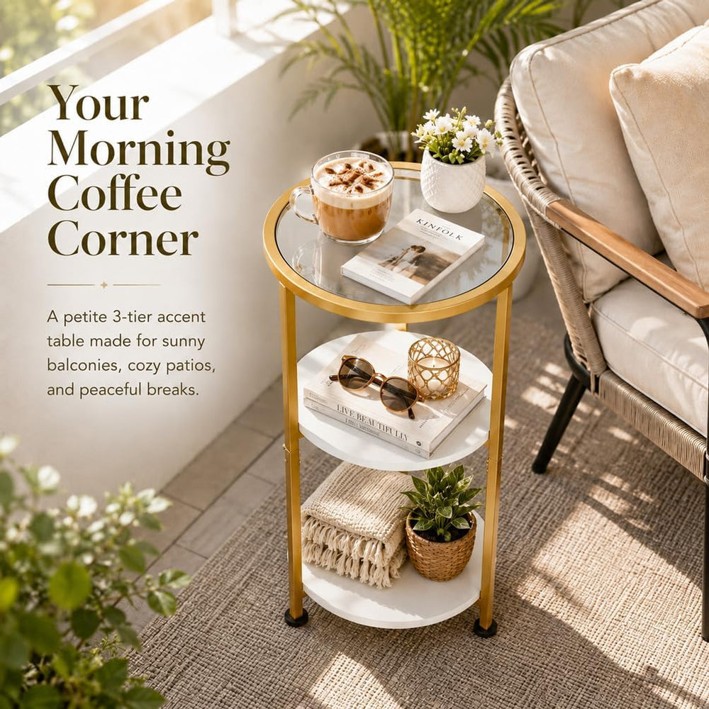 Glass Side Table, Tempered Glass Small Round Side Table with 3-Tier Storage S...