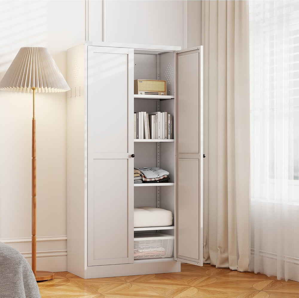 Functional Elegance: 61” White Metal Kitchen Pantry Cabinet - Adjustable with...