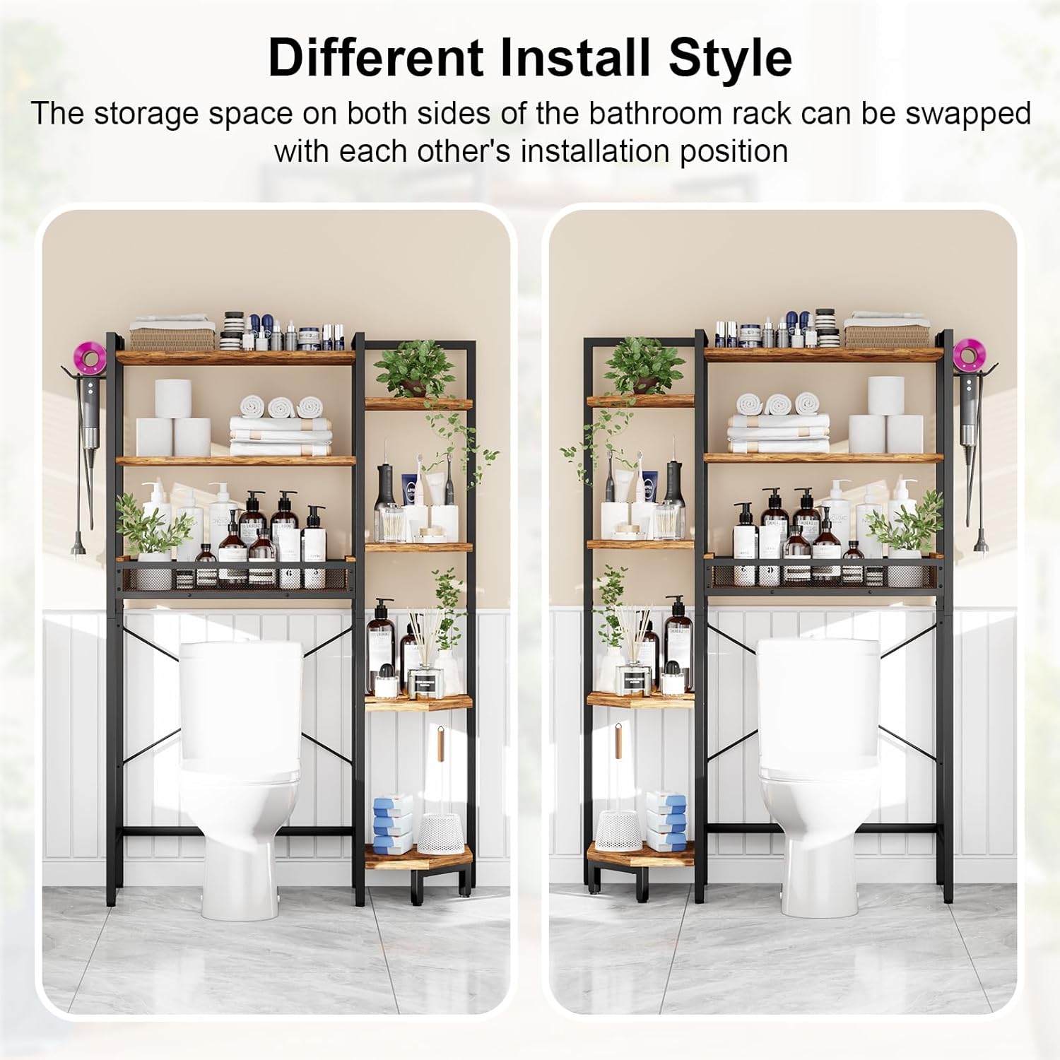 K1 Heavy Duty 7-Tier Over The Toilet Storage（With Basket and Paper Hook）Freestanding Above Toilet Shelf with Adjustable Feet，Space Saver Bathroom Shelves 9.3"D x 33.5"W x 63.8"H，Rustic Brown