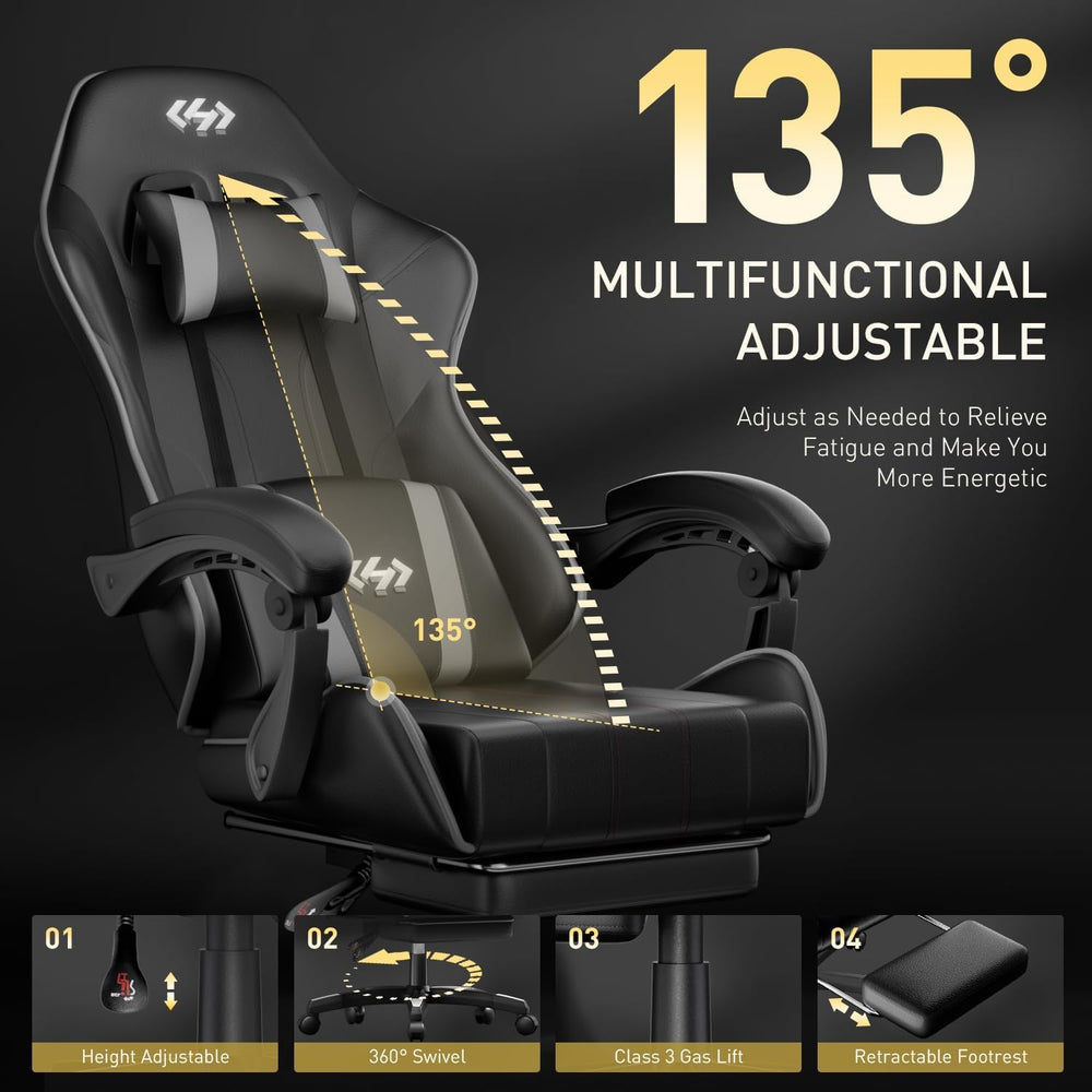 HLDIRECT Gaming Chair with Footrest, Lumbar Support & Headrest, Black&amp...