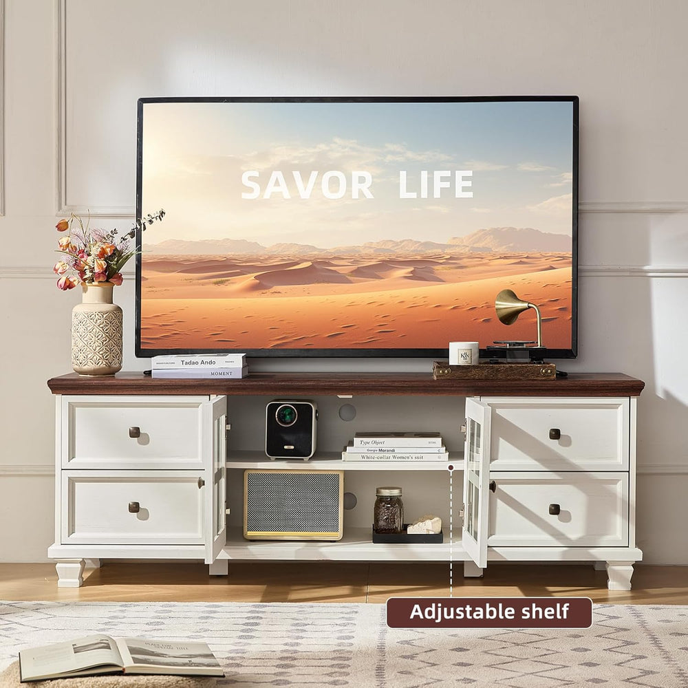 SAVOR LIFE Farmhouse TV Stand and Coffee Table Set 4 Piece, White | Living Ro...