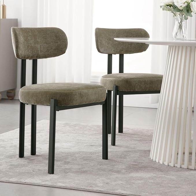 LukeAlon Chenille Dining Chairs Set of 4, Modern Upholstered Armless Kitchen Chairs with Black Metal Legs Curved Back Dining Room Chairs Reception Chair for Living Room Office, Green