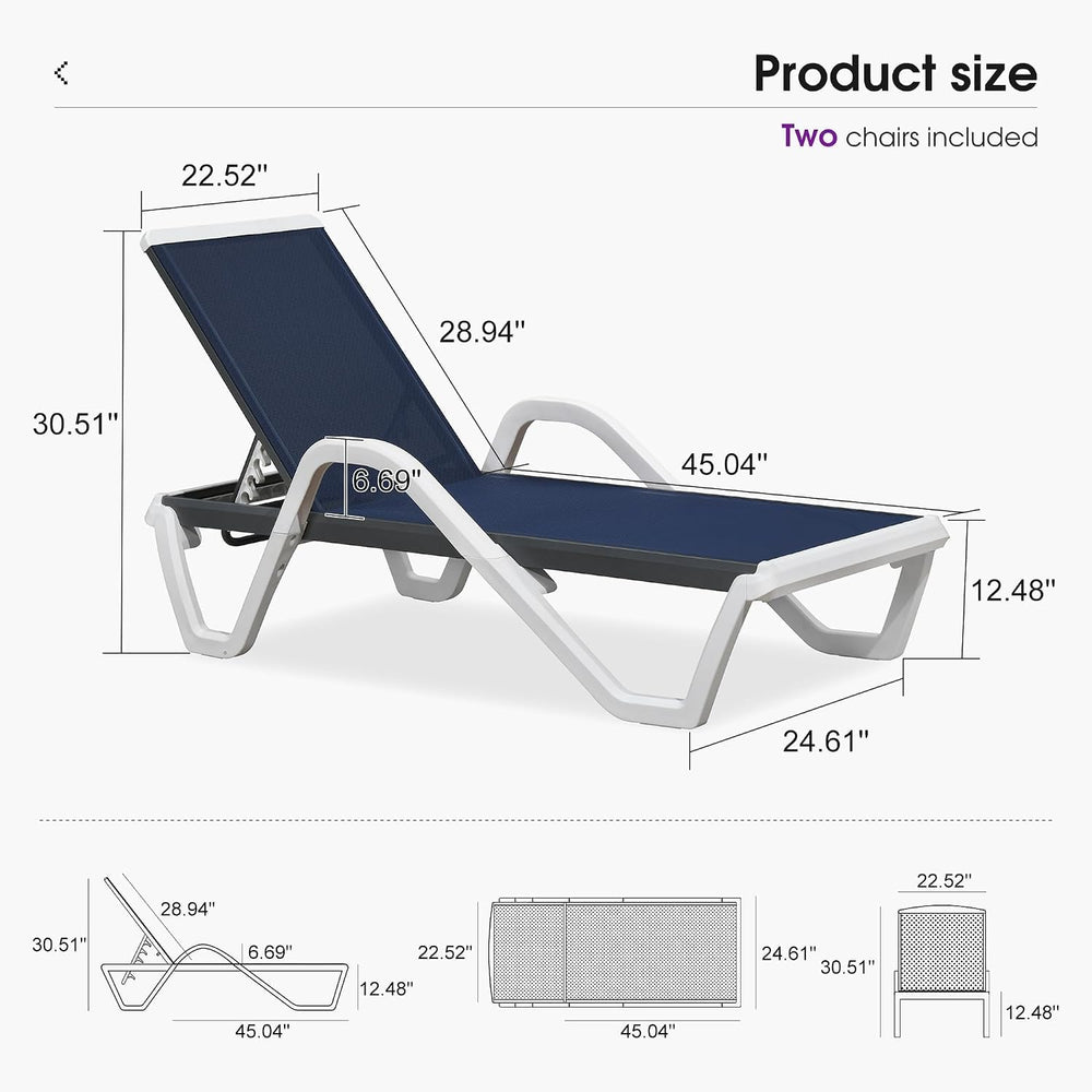 PURPLE LEAF Lounge Chair Outdoor Set of 2 w/Armrest & 1 Table, Navy Blue ...
