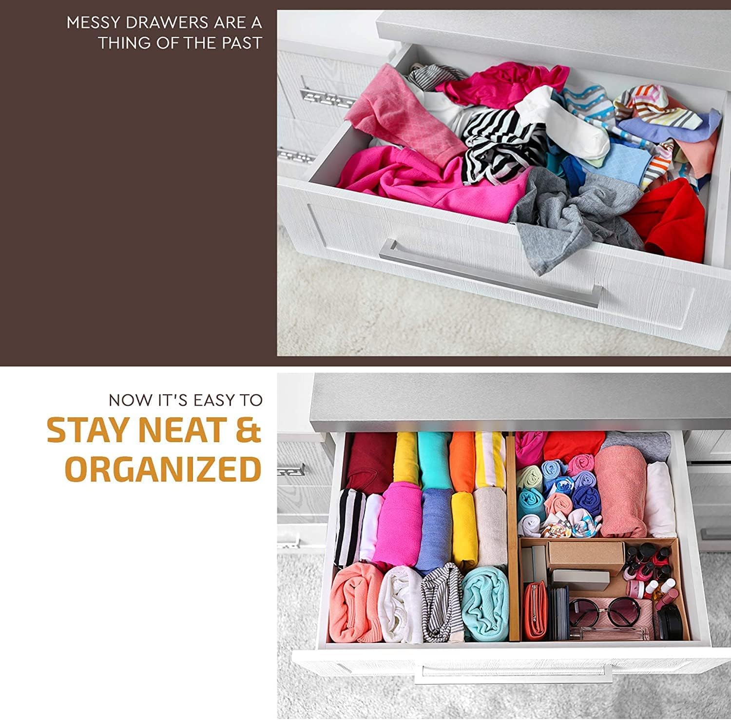 6-Pack Drawer Dividers 2.6-Inch High Dresser Drawer Organizer 16 to 22 Inch | Bamboo, Spring Loaded, No Tools Needed, Fits Wide Drawers for Socks, Clothes, Utensils, Bedroom, Bathroom, Kitchen, Office