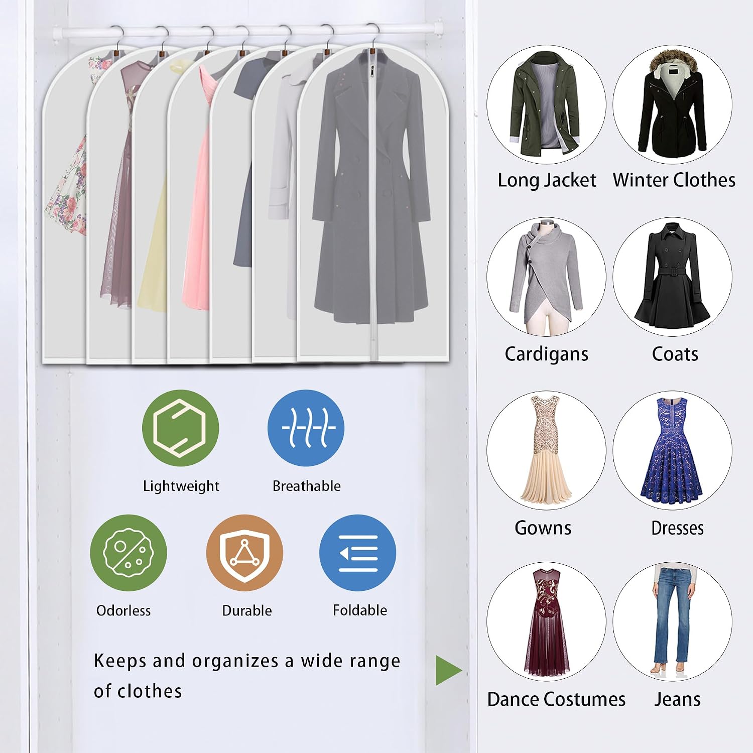 Hanging Garment Bags 7 Piece Set - 60 Inch Translucent Dust Proof Clothes Bag White Breathable Full Zipper Dust Cover for Suit Dance Costumes Gown Dress.