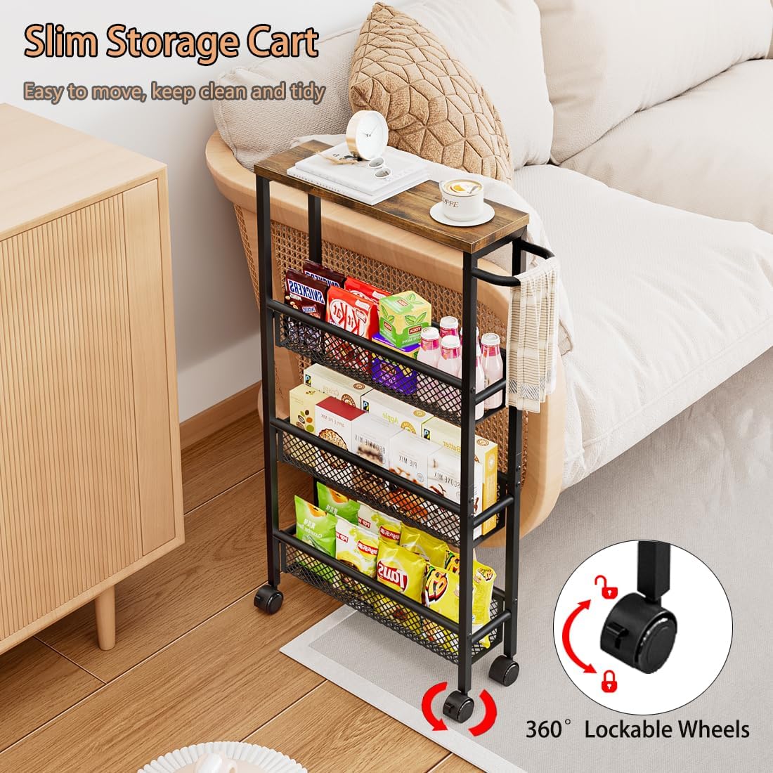 Slim Rolling Cart 4 Tier Narrow Storage Cart on Wheels with MDF Board Top and Metal Handle for Small Space Kitchen Living Room Home Office Pantry Bathroom Laundry Room(16.54×5.12×30.31 inch)
