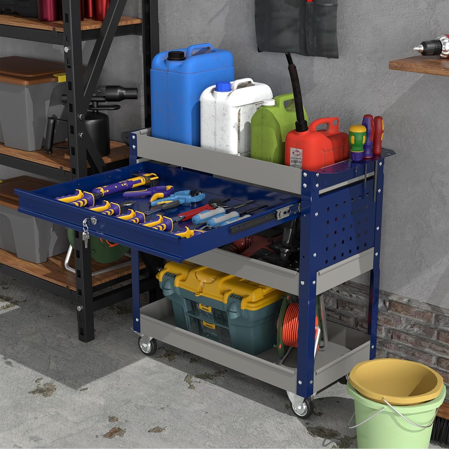 Heavy Duty 3 Tier Tool Cart, Mechanic Metal Rolling Tool Cart with Storage Drawers for Garage Workshop