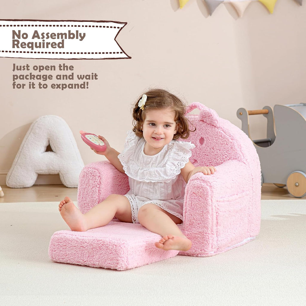 Kids Chair, Sherpa Bear Fold-Out Convertible Kids Couch, Pink | Kids couch flip out lounger, children reading chair, kids sofa with plush foam, removable cover, gift for boys girls