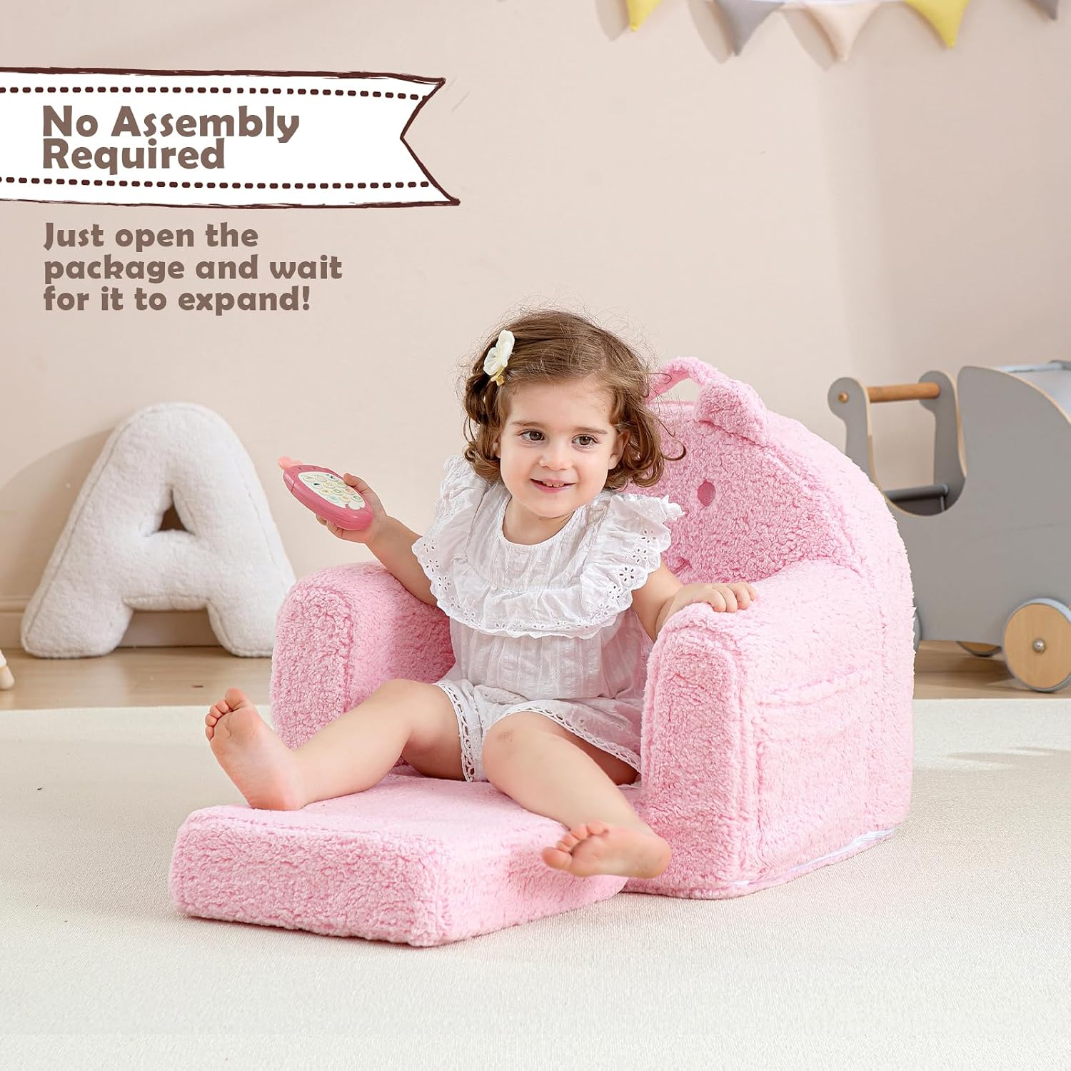 Kids Chair, Sherpa Bear Fold-Out Convertible Kids Couch, Pink | Kids couch flip out lounger, children reading chair, kids sofa with plush foam, removable cover, gift for boys girls