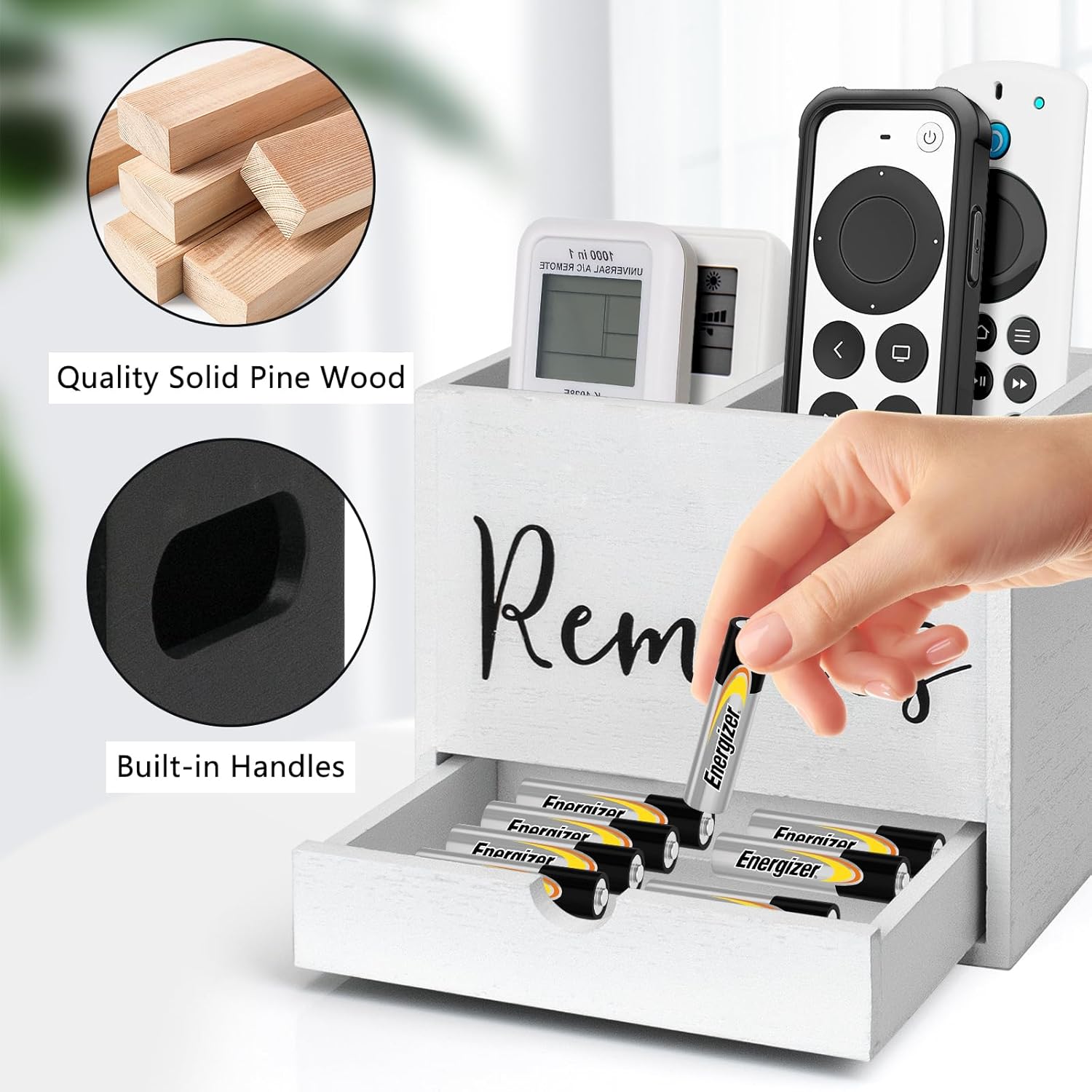 Remote Control Holder, 2 Slot TV Remote Holder& Desk Organizer with Drawers, Remote Organizer Caddy for Table, Wooden Remote Box for Nightstand,Media Storage Box for Living Room, Bed (White)