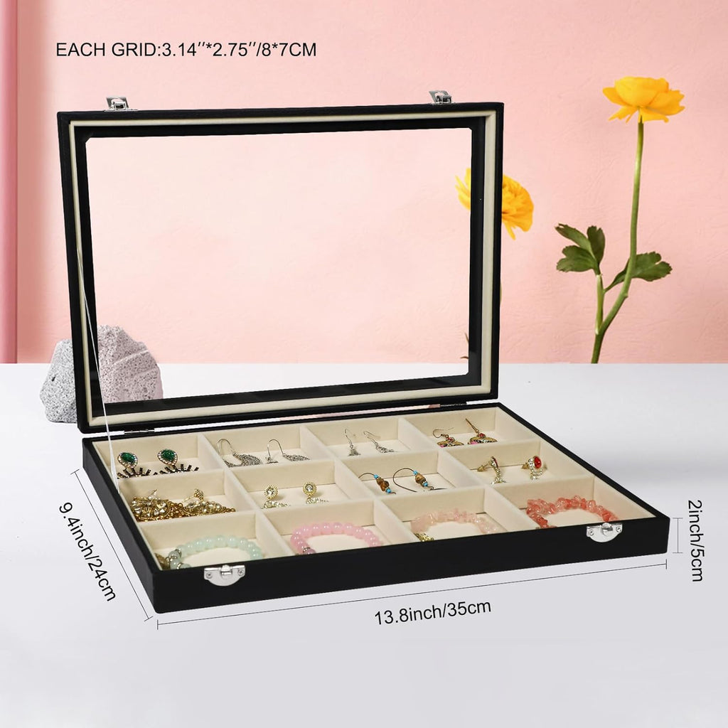Stratalife Jewelry Organizer Bracelet Holder Organizer Box Earring Storage Drawer Jewelry Display Anti Tarnish Ring Holder For Women Girls 12 Grid (Beige Black)