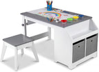 GLACER Kids Art Table and Chairs, Wooden Toddler Craft Table with Paper Roll & 4 Paint Cups, Activity Desk with Storage Shelves and 2 Fabric Bins, Art Station for Playroom, Nursery