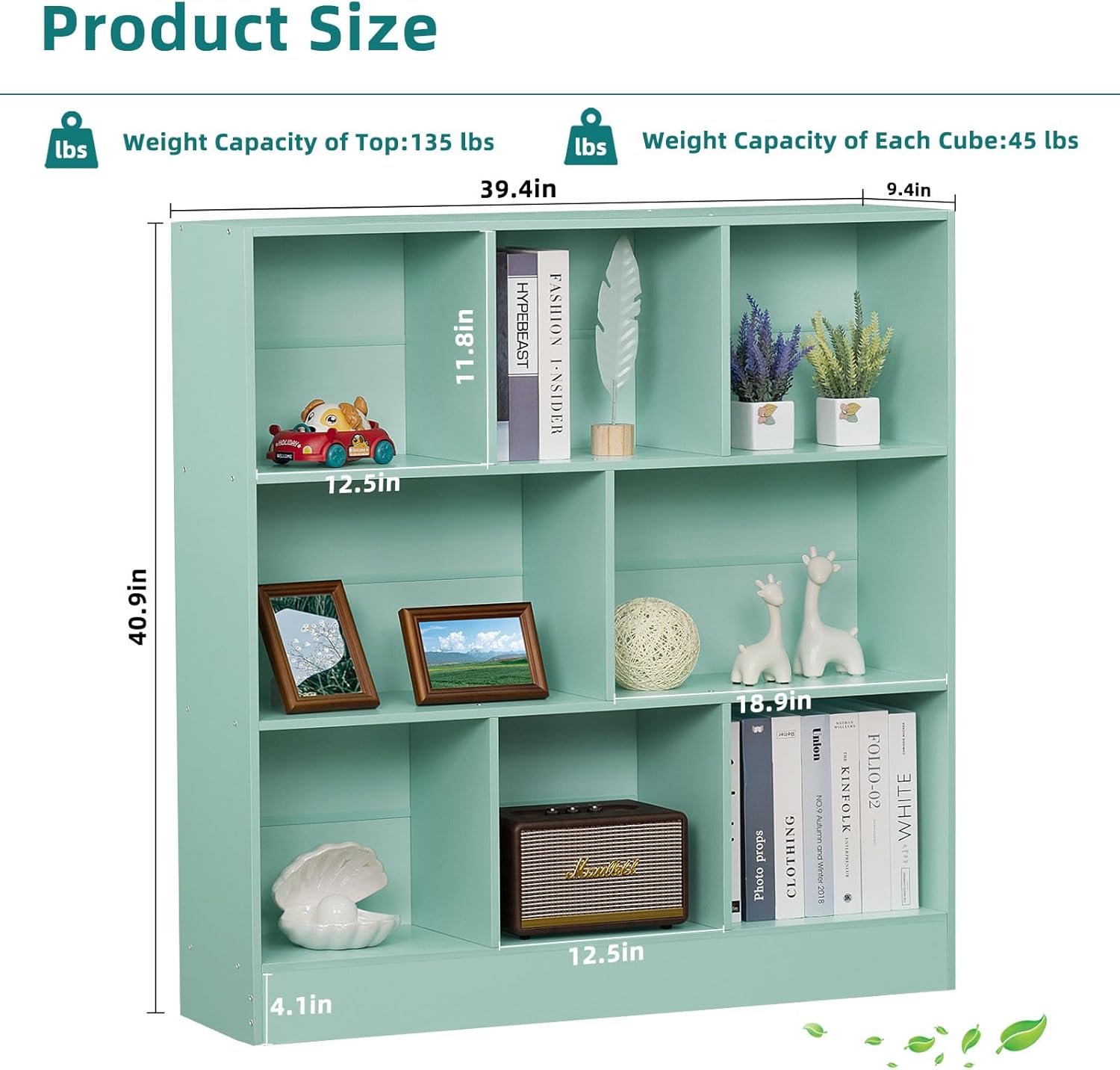 LEYAOYAO 8 Cube Bookshelf with Base,3 Tier Modern Mint-Green Kids Bookcase,Standing Wide Bookshelves Storage Organizer Toy Shelf,Wood Display Children's Book Shelves for Bedroom,Living Room,Nursery