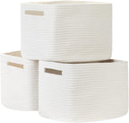 Temary Woven Storage Baskets, Set of 3 Rope Baskets for Storage Clothes, Towels, Versatile Boho Storage Bins (White, 13"x9.8"x8.5")