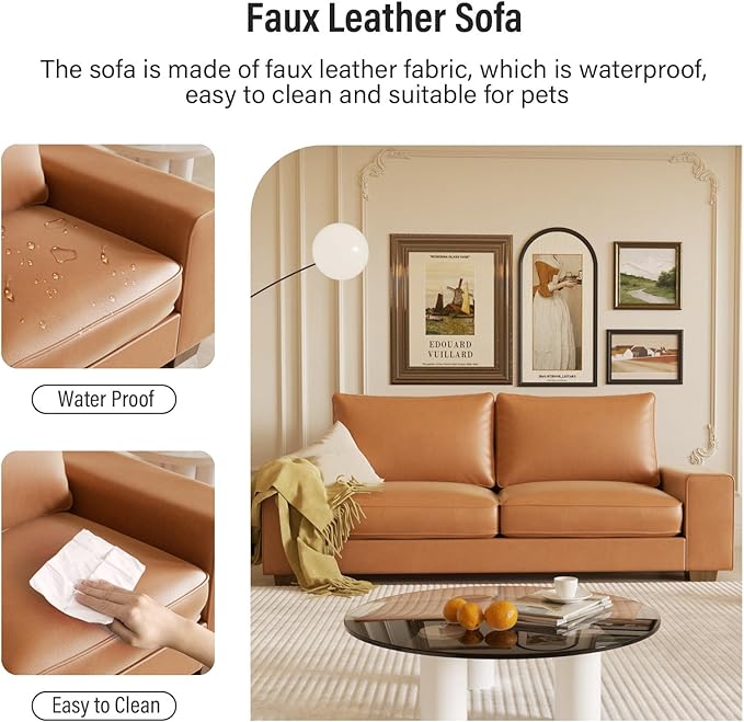 Faux Leather Couch, Mid Century Modern Comfy Loveseat Sofa with Wide Arm, Side Pockets, Solid Wooden Frame for Office, Living Room and Bedroom, 3 Seater (Brown, 88.58 inches)