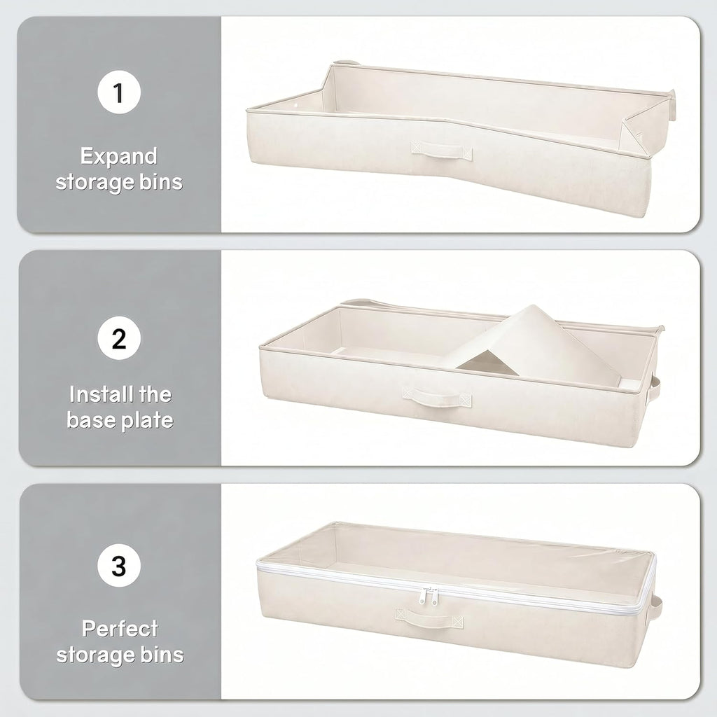 2-Pack Under Bed Storage Containers, 4.5 Inches Tall Clothes Storage, Beige | Low Profile Collapsible Underbed Organizer Bin with Sturdy Sidewalls/Bottom, Cotton-linen, For Seasonal Clothes & Bedding