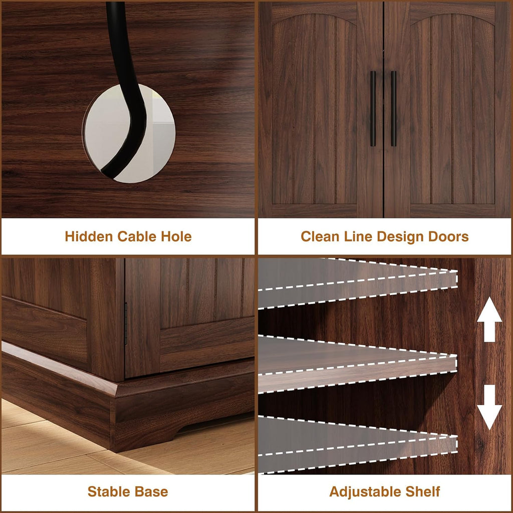 HOKYHOKY Rattan End Table with Charging Station, 24" Large Sofa Side Tabl | 2 Arched Doors, Boho Wood Square Nightstand, Bedside Tables with Adjustable Storage Shelf, Living Room, Bedroom