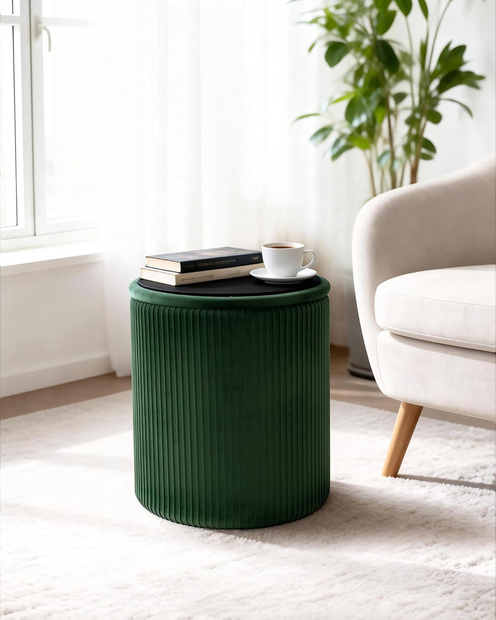 LITZFUR Round Ottoman with Storage, Velvet Foot Rest Stool, Green | Versatile...