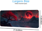 Red Moon Mouse Pad XXL – Large Gaming Desk Mat with Dark Mountain Landscape & Sakura Tree, Extended Mousepad with Non-Slip Base for Office, Gamer Setup,31.5 x 11.8 in