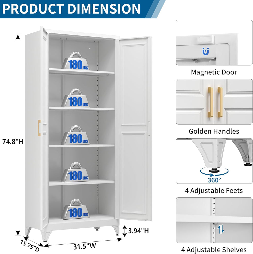 75" Tall White Metal Storage Cabinet with Doors, Heavy Duty | Freestanding Steel Kitchen Pantry Cabinet, 4 Adjustable Shelves (180 Lbs Load), Tall Cabinets for Home, Office and Garage