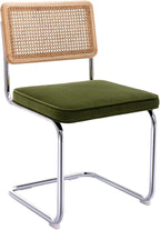 Zesthouse Mid Century Modern Dining Chairs Set of 4, Natural Rattan Dining Chairs with Solid Wood Back & Chrome Base, Upholstered Velvet Fabric, Green