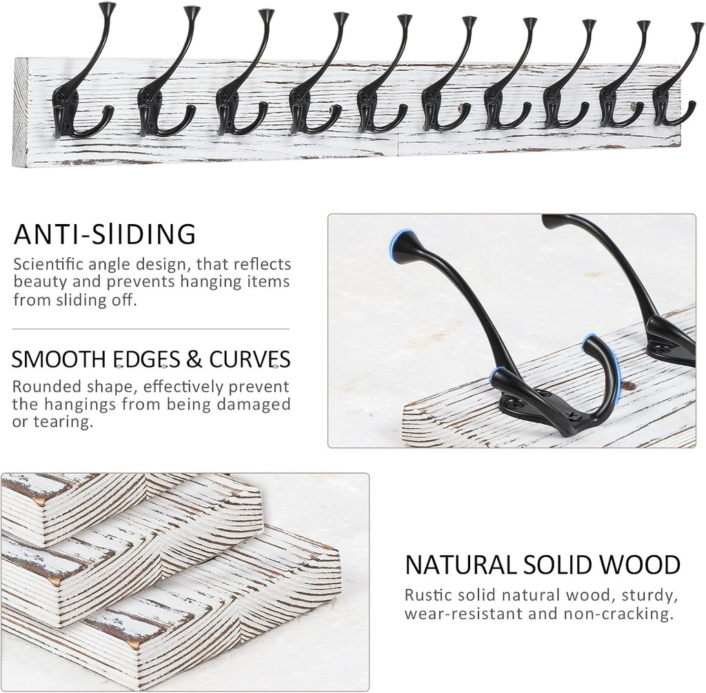 IBosins 34'' Coat Rack Wall Mount with 10 Tri-Hooks, Heavy Duty, Vintage White Color Wood Coat Hanger, Rustic Coat Hooks Rail for Entryway Living Room Coat Scarf Bag Towel Hat