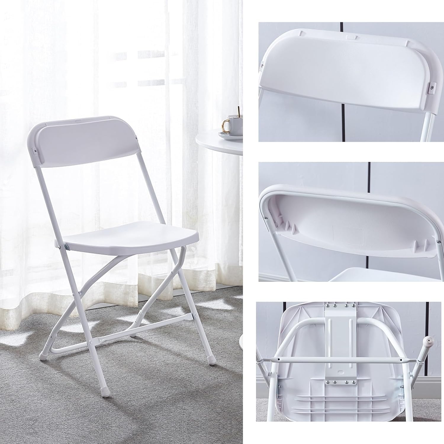 PP Plastic Folding Chair, Indoor Outdoor Portable Stackable Commercial Seat with Steel Frame 350lb.(White)