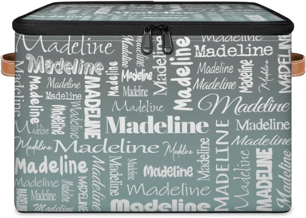 Personalized Name Storage Basket, Custom Keepsake Box, Grey Green | Foldable Fabric Gradient Large Memory Bin with Handle Lid Lightweight Waterproof Dustproof, 14"L x 10.2"W x 10.4"H