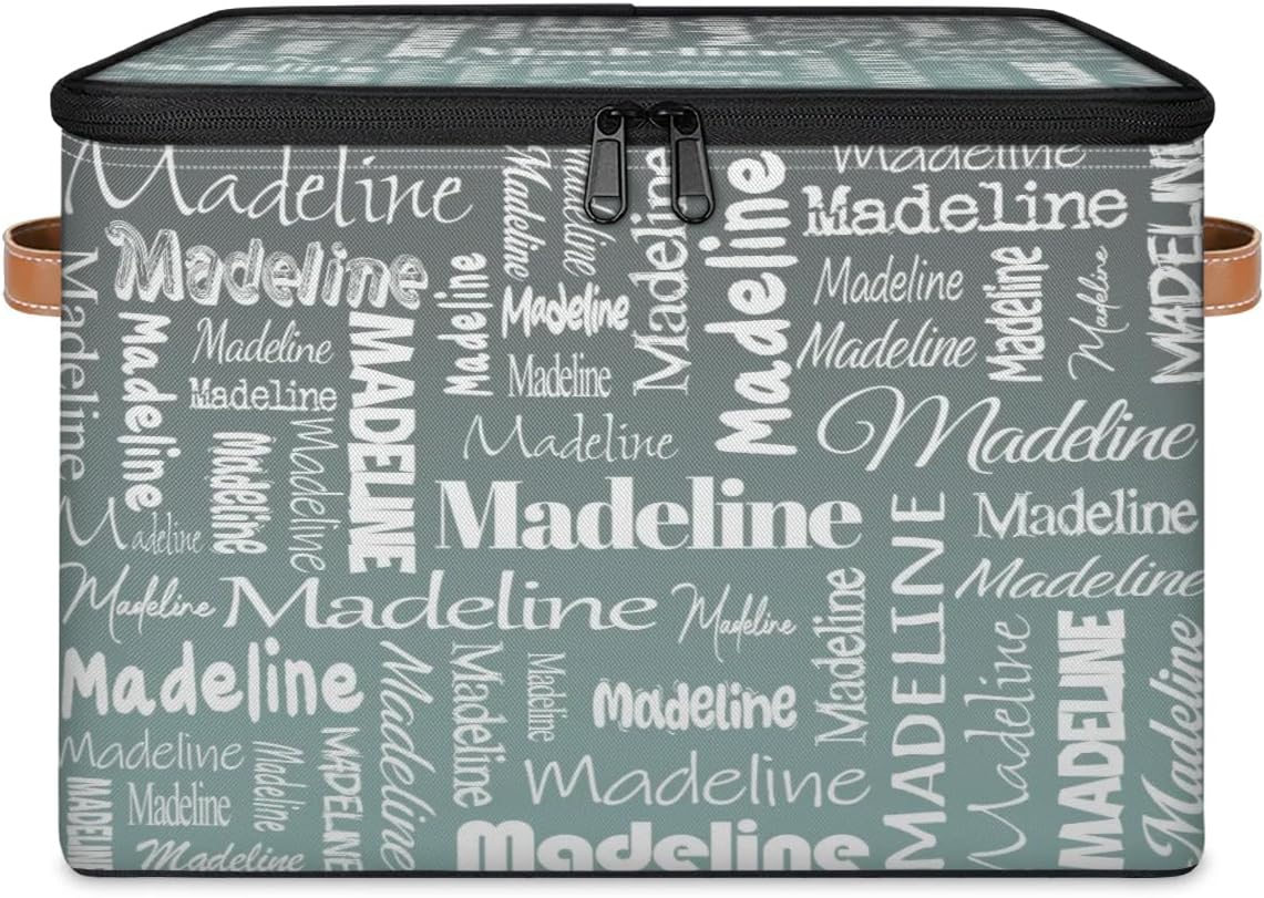 Personalized Name Storage Basket, Custom Keepsake Box, Grey Green | Foldable Fabric Gradient Large Memory Bin with Handle Lid Lightweight Waterproof Dustproof, 14"L x 10.2"W x 10.4"H