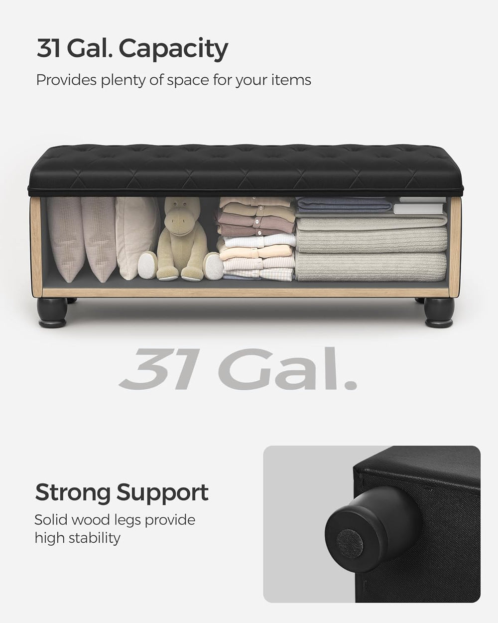 SONGMICS Storage Ottoman, 46.5 Inches Long Bed End Stool, Solid Wood Legs | B...
