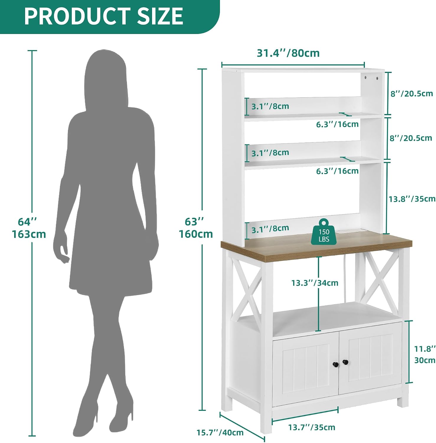 YITAHOME White Microwave Stand Bakers Rack Cabinet | Thickened Countertop, Hutch Shelves, Cabinet Door, Power Outlet, for Kitchen Coffee Bar Pantry, Easy Assembly
