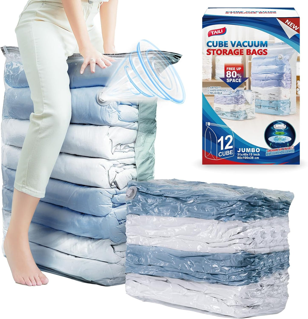 TAILI 12 Pack Vacuum Storage Bags, Jumbo Cube Space Saver (31x40x15 Inch), Large Vacuum Seal Bags for Comforters Blankets Bedding, Closet Organizer, Cream