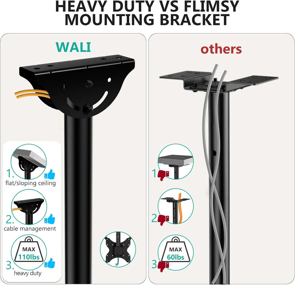 WALI Ceiling TV Mount for 26-65 Inch LCD LED OLED 4K TVs, Hanging Pole Ceiling Mount TV Bracket Up Down, TV Ceiling Mounts for Gym Patio Gazebo, up to 110 lbs, Max VESA 400x400mm (CM2665), Black